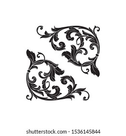 Baroque ornament with filigree in vector format for design frame, pattern. Vintage hand drawn victorian or damask floral element. Black and white engraved ink art.
