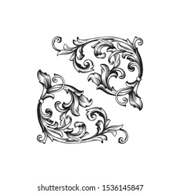 Baroque ornament with filigree in vector format for design frame, pattern. Vintage hand drawn victorian or damask floral element. Black and white engraved ink art.
