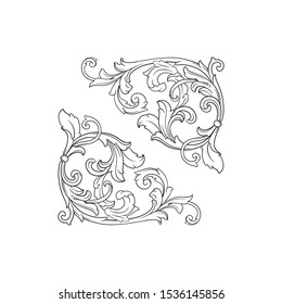 Baroque ornament with filigree in vector format for design frame, pattern. Vintage hand drawn victorian or damask floral element. Black and white engraved ink art.