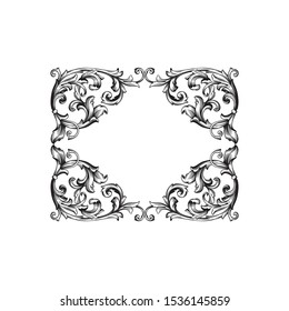Baroque ornament with filigree in vector format for design frame, pattern. Vintage hand drawn victorian or damask floral element. Black and white engraved ink art.