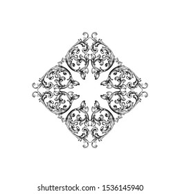 Baroque ornament with filigree in vector format for design frame, pattern. Vintage hand drawn victorian or damask floral element. Black and white engraved ink art.