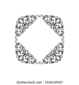 Baroque ornament with filigree in vector format for design frame, pattern. Vintage hand drawn victorian or damask floral element. Black and white engraved ink art.