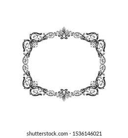 Baroque ornament with filigree in vector format for design frame, pattern. Vintage hand drawn victorian or damask floral element. Black and white engraved ink art.