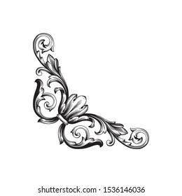 Baroque ornament with filigree in vector format for design frame, pattern. Vintage hand drawn victorian or damask floral element. Black and white engraved ink art.