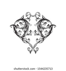 Baroque ornament with filigree in vector format for design frame, pattern. Vintage hand drawn victorian or damask floral element. Black and white engraved ink art.