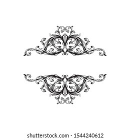 Baroque ornament with filigree in vector format for design frame, pattern. Vintage hand drawn victorian or damask floral element. Black and white engraved ink art.