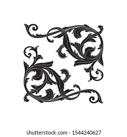 Baroque ornament with filigree in vector format for design frame, pattern. Vintage hand drawn victorian or damask floral element. Black and white engraved ink art.