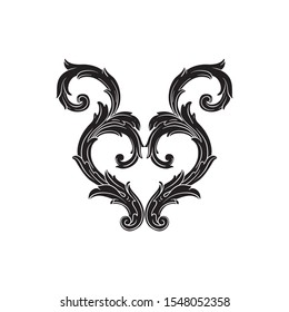 Baroque ornament with filigree in vector format for design frame, pattern. Vintage hand drawn victorian or damask floral element. Black and white engraved ink art. 