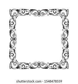 Baroque ornament with filigree in vector format for design frame, pattern. Vintage hand drawn victorian or damask floral element. Black and white engraved ink art.