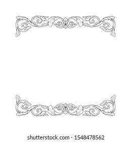 Baroque ornament with filigree in vector format for design frame, pattern. Vintage hand drawn victorian or damask floral element. Black and white engraved ink art.