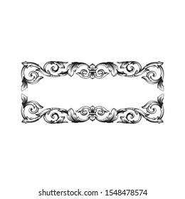 Baroque ornament with filigree in vector format for design frame, pattern. Vintage hand drawn victorian or damask floral element. Black and white engraved ink art.