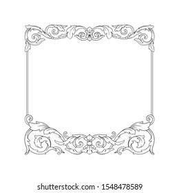 Baroque ornament with filigree in vector format for design frame, pattern. Vintage hand drawn victorian or damask floral element. Black and white engraved ink art.