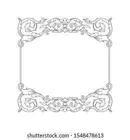 Baroque ornament with filigree in vector format for design frame, pattern. Vintage hand drawn victorian or damask floral element. Black and white engraved ink art.
