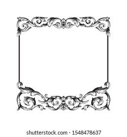 Baroque ornament with filigree in vector format for design frame, pattern. Vintage hand drawn victorian or damask floral element. Black and white engraved ink art.