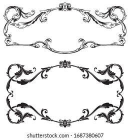 Baroque ornament with filigree in vector format for design frame, pattern. Vintage hand drawn victorian or damask floral element. Black and white engraved ink art. 