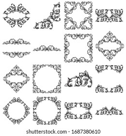 Baroque ornament with filigree in vector format for design frame, pattern. Vintage hand drawn victorian or damask floral element. Black and white engraved ink art. 