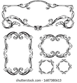 Baroque ornament with filigree in vector format for design frame, pattern. Vintage hand drawn victorian or damask floral element. Black and white engraved ink art. 