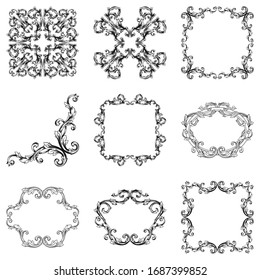Baroque ornament with filigree in vector format for design frame, pattern. Vintage hand drawn victorian or damask floral element. Black and white engraved ink art. 