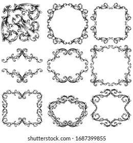 Baroque ornament with filigree in vector format for design frame, pattern. Vintage hand drawn victorian or damask floral element. Black and white engraved ink art. 