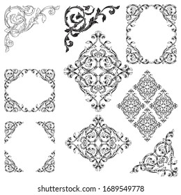 Baroque Ornament With Filigree In Vector Format For Design Frame, Pattern. Vintage Hand Drawn Victorian Or Damask Floral Element. Black And White Engraved Ink Art. 