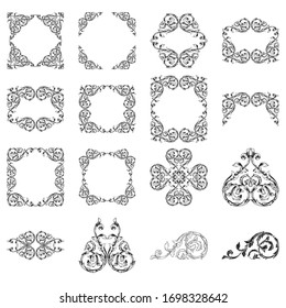 Ornamento barroco con filigre en formato vectorial para el marco de diseño, patrón. Vintage de elemento floral victoriano o damasco dibujado a mano. Arte con tinta grabada en blanco y negro. 