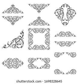 Baroque ornament with filigree in vector format for design frame, pattern. Vintage hand drawn victorian or damask floral element. Black and white engraved ink art. 
