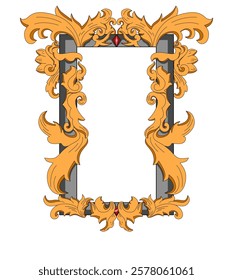 A Baroque ornament with rectangle frame on side and top , bottom in isolated white background 