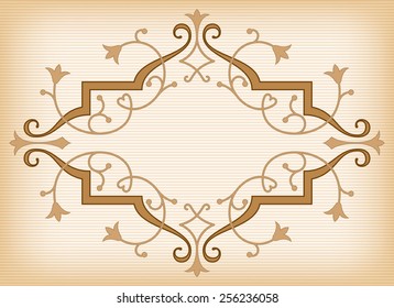 Baroque ornament in Victorian style with abstract tulips, curly lines decoration and copy space in the center