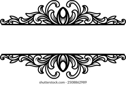 Baroque ornamental border frame swirl filigree engraving element. Black line art filigree calligraphic vector design.