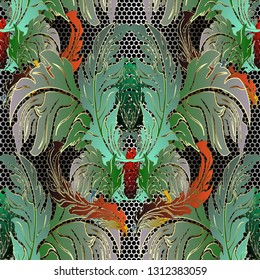 Baroque ornamental floral colorful vector seamless pattern. Damask leafy lace background. Repeat antique lacy backdrop. Luxury wallpaper. Vintage  flowers, leaves, baroque ornaments in Victorian style
