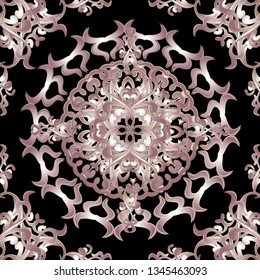 Baroque ornamental floral seamless  vector mandala pattern. Vintage elegance black background. Surface line art 3d Damask ornament in Baroque Victorian style. Round mandala. Decorative luxury design