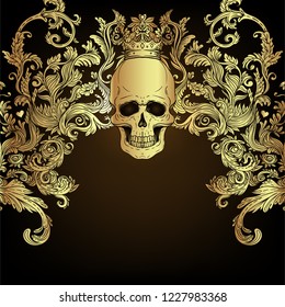 Baroque ornamental frame. Damask style pattern with skull. Vintage ornate vector design for wallpaper, wrapper, fashion textile.