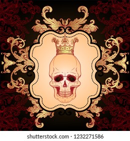 Baroque ornamental frame. Damask style pattern with skull. Vintage ornate vector design for wallpaper, wrapper, fashion textile.