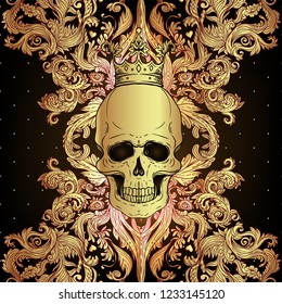 Baroque ornamental frame. Damask style pattern with skull. Vintage ornate vector design for wallpaper, wrapper, fashion textile.