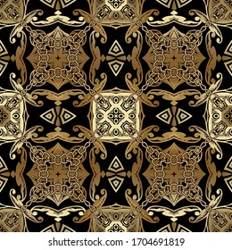 Baroque ornamental gold vector seamless pattern. Greek style ornate background. Greek key meanders ornaments. Vintage flowers, leaves, shapes, chains. Patterned repeat backdrop. Luxury royal design.