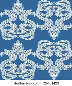Baroque ornamental motif, white embroidered lace on blue background, tileable ornament, retro symmetric element, vector EPS 10