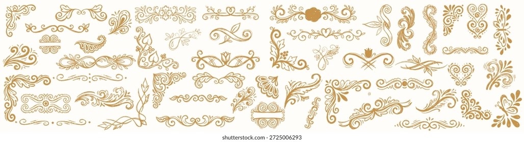 Ein barockes dekoratives Vektorblatt zeigt goldene filigrane Ecken und Trennwände für Vintage-Einladungen, Branding, Verpackungen und elegante Drucklayouts.