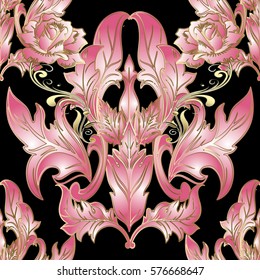 Baroque ornaments. Damask  seamless pattern with 3d pink roses flowers, antique scroll leaves. Gold outline. Vector vintage ornate texture for wallpapers, textile, fabric. Floral black background.