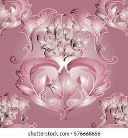 Baroque ornaments. Damask  seamless pattern with pink  flowers, antique scroll leaves. Gold outline. Vector vintage ornate texture for wallpapers, textile, fabric. Floral light pink  background.