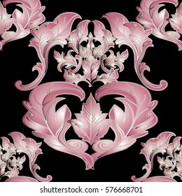 Baroque ornaments. Damask  seamless pattern with pink  flowers, antique scroll leaves. Gold outline. Vector vintage baroque texture for wallpapers, textile, fabric. Floral black   background.