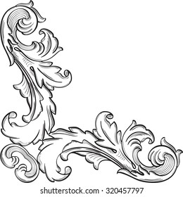 Baroque ornate corner fine element on white