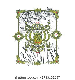 Barock verzierter Rahmen mit Schlangen- und Tigerdrucktexturen. Regaler Wappen mit goldenen Details und roten Edelsteinen. Dekoratives Vintage-Emblem. Tierischer Hintergrund.