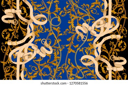 Baroque patch with chains and belts. Vector seamless pattern for scarf.