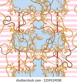 Baroque patch with golden chains and belts. Seamless pattern for scarfs, print, fabric.