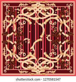 Baroque patch with golden chains and belts. Vector red scarf.