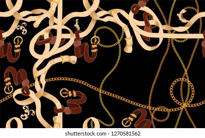 Baroque patch with golden chains and belts. Vector seamless pattern for scarf. Black background.