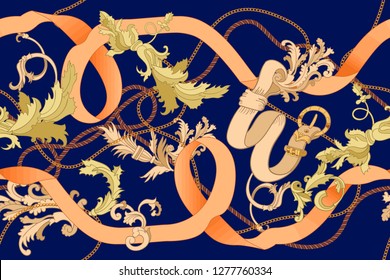 Baroque patch with golden chains and ribbons. Vector seamless pattern for fabric, scarf.