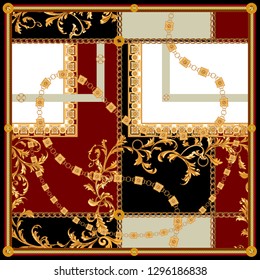 Baroque patch with golden chains. Vector pattern for scarf.