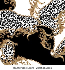 Baroque pattern with abstract hand drawn wild african animal leopard skin background elements in black, white and gold