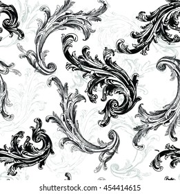  Baroque pattern with black swirls on white background with grey line silhouette